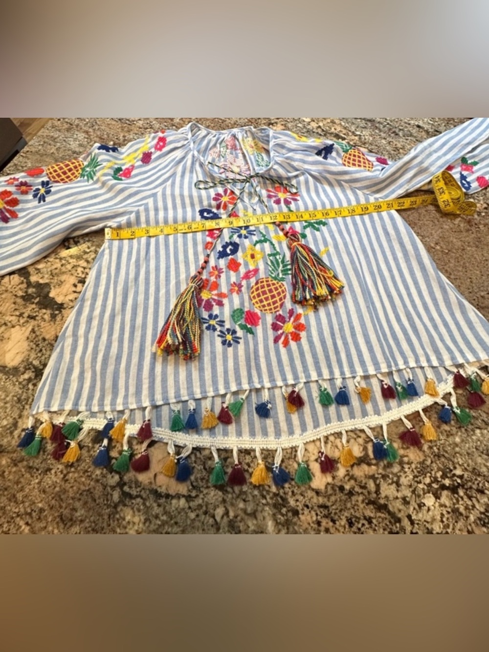 Zara Blue White Striped Embroidered Tassel Peasant Blouse Size M - Picture 13 of 15